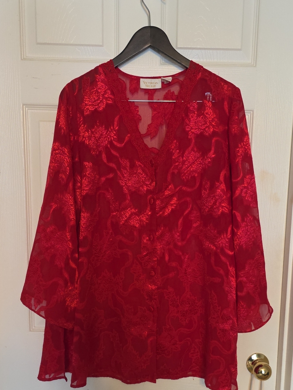 Victoria's Secret Vintage Gold Label Red Floral Lace-Trim Sheer Top